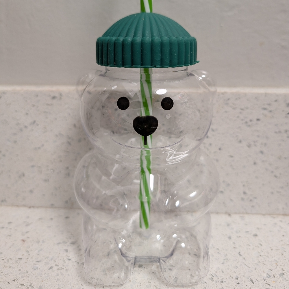 Bear-Shaped Clear Drink Bottle with Teal Lid and Green-White Straw